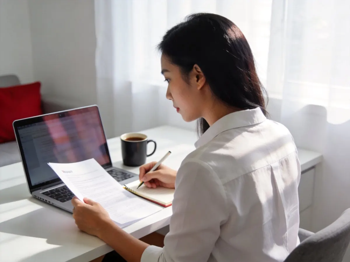 A professional reviewing her PR documents at home